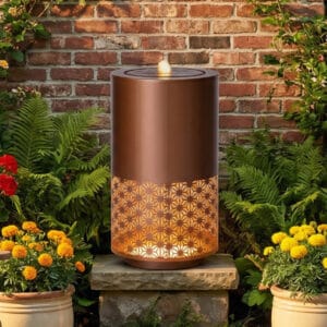 20.9 inch metal cutout outdoor water fountain with LED lights candle style freestanding design