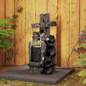 22.8 inch outdoor resin bear waterfall fountain with built-in LED lights and adjustable pump