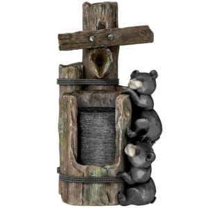 22.8 inch outdoor resin bear waterfall fountain with built-in LED lights and adjustable pump on white background