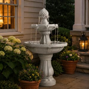 3-tier white pedestal outdoor water fountain classic cascading design for garden patio courtyard