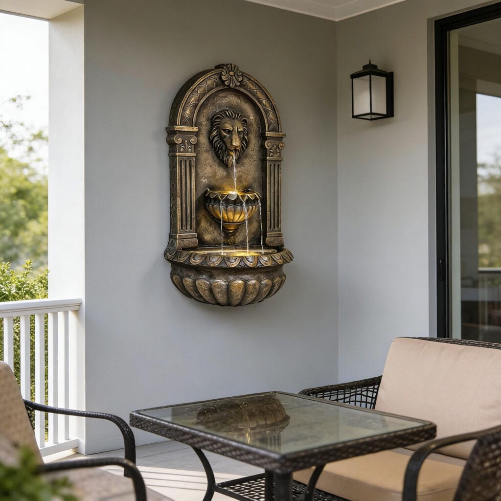 31.1 inch wall mounted outdoor lion head water fountain installed on balcony wall with dining table and chairs nearby