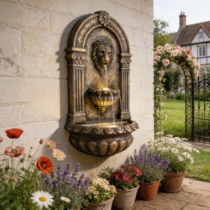 31.1 inch wall mounted outdoor lion head water fountain with LED lights and adjustable pump