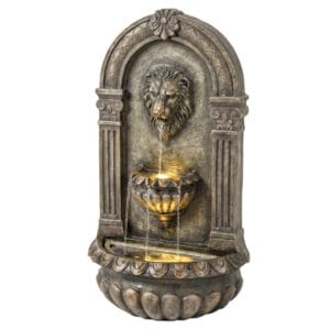 31-1-inch-wall-mounted-outdoor-lion-head-water-fountain-led-pump-white 31.1 inch wall mounted outdoor lion head water fountain with LED lights and adjustable pump on white background