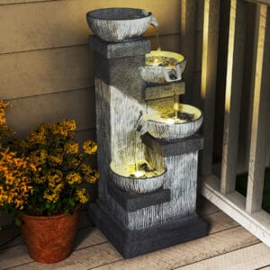 4-tier cascading bowl outdoor water fountain with LED lights tall resin patio garden fountain