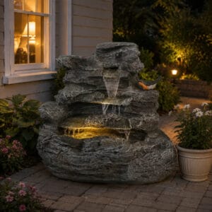 4-tier concrete rock waterfall fountain with LED lights outdoor garden patio water feature