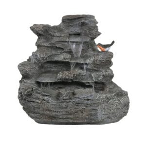 4 tier concrete rock waterfall fountain with LED lights on white background outdoor garden patio fountain natural stone look