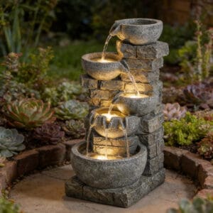5-tier tall outdoor water fountain with LED lights cascading resin garden patio fountain stone look