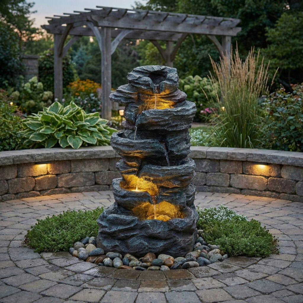 6 tier rock water fountain with LED lights running in garden stone pathway landscape centerpiece outdoor fountain