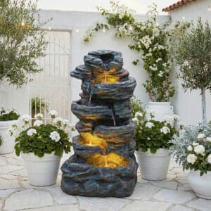 6 tier cascading rock water fountain with LED lights tall outdoor garden patio fountain natural stone look