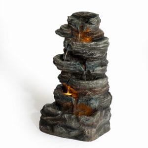 6 tier cascading rock water fountain with LED lights on white background tall outdoor fountain natural stone design