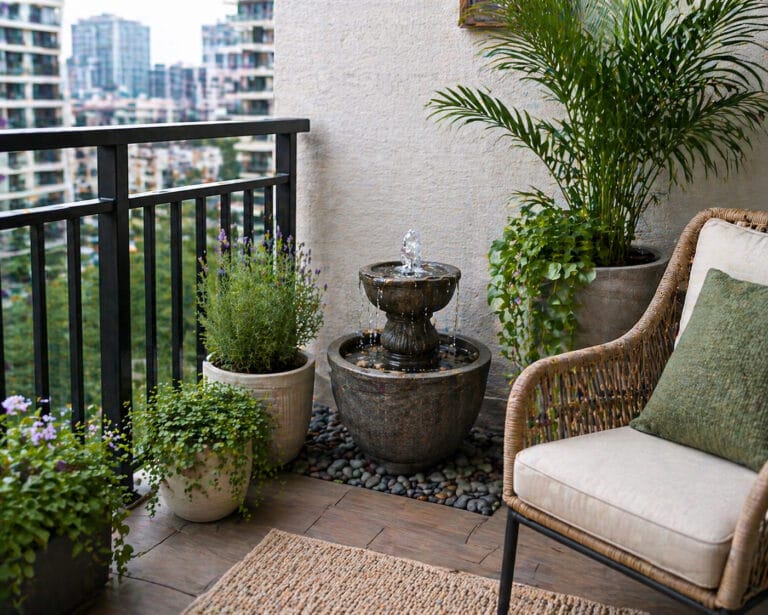 Apartment balcony with a compact water fountain, an outdoor chair, and potted plants for a relaxing small-space setup