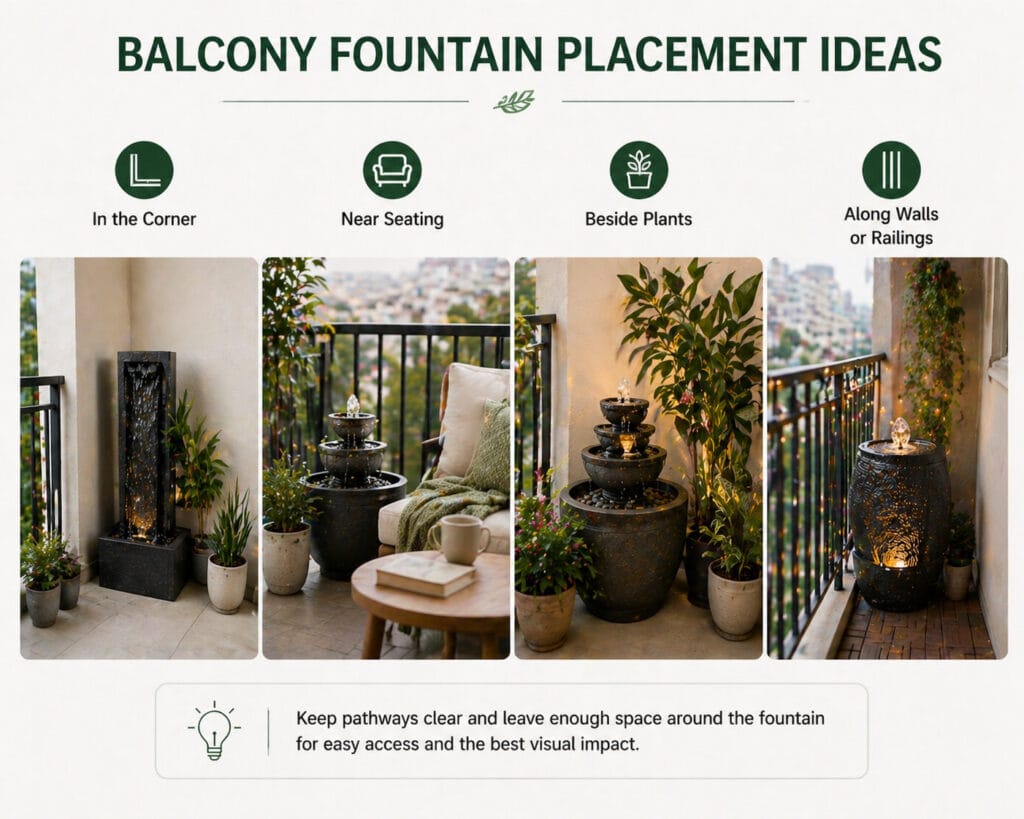 Balcony fountain placement ideas showing corner placement, near seating, beside plants, and along walls or railings