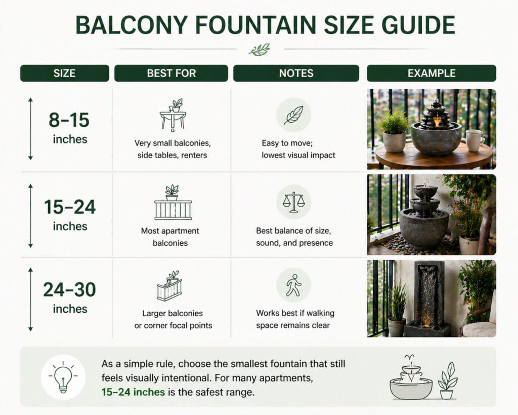 Balcony fountain size guide for small apartments showing three ranges: 8–15 inches, 15–24 inches, and 24–30 inches