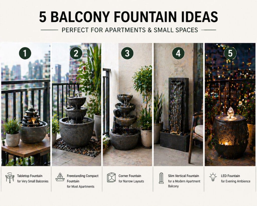Five types of balcony water fountains for small apartments: tabletop, freestanding compact, corner, slim vertical, and LED fountains