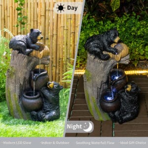 bear-water-fountain-day-night-led-comparison bear outdoor water fountain day and night comparison showing LED glow and cascading water flow for indoor and outdoor use