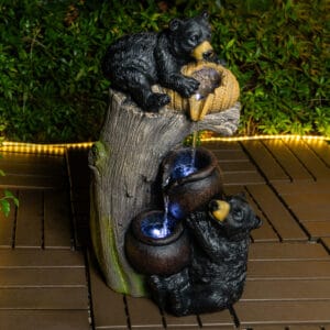 bear outdoor water fountain with LED lights cascading garden patio fountain with climbing bears