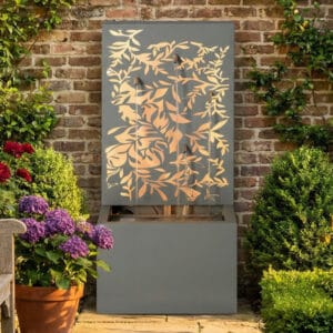 metal leaf cutout water wall fountain with LED lights modern vertical outdoor patio garden fountain