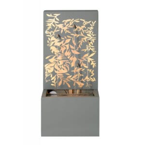 metal leaf cutout water wall fountain with LED lights on white background modern vertical outdoor patio fountain