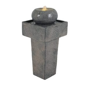 minimalist-concrete-column-water-fountain-white-background minimalist concrete column water fountain with LED light on white background modern outdoor patio fountain gray cement