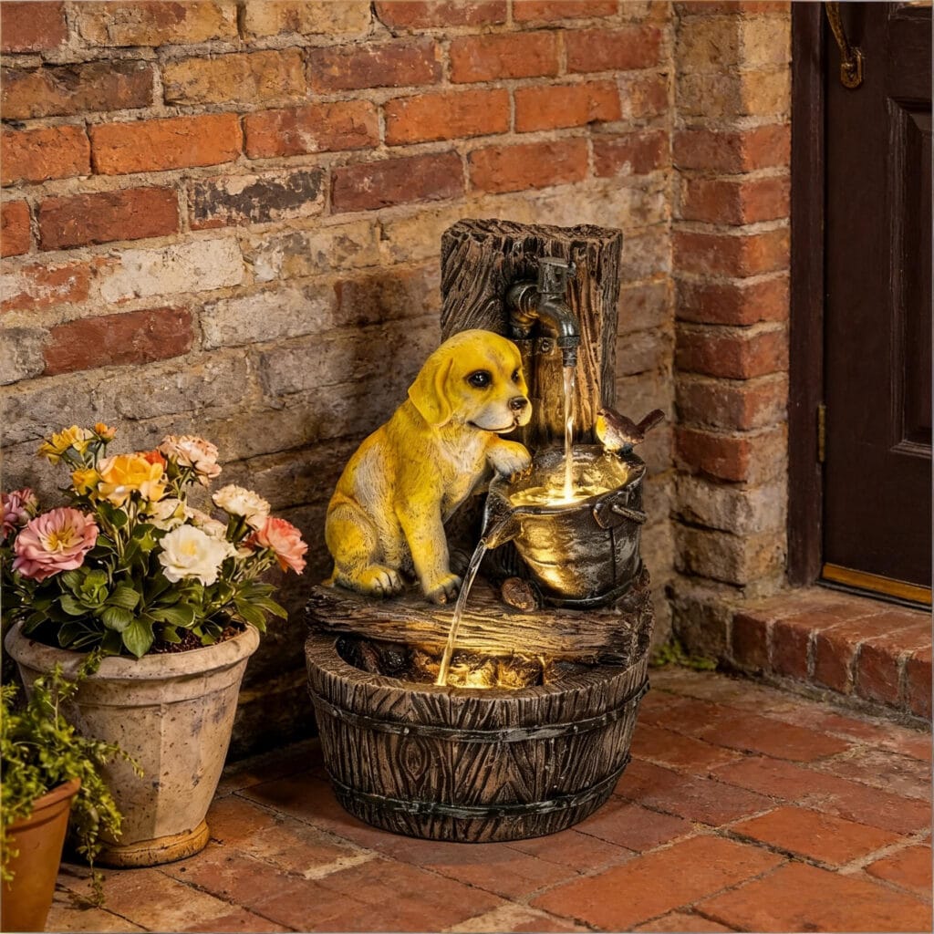 puppy garden water fountain with LED lights 3 tier rustic outdoor patio decorative fountain
