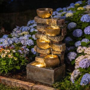 rustic jug cascading water fountain with LED lights 5 tier outdoor garden patio fountain