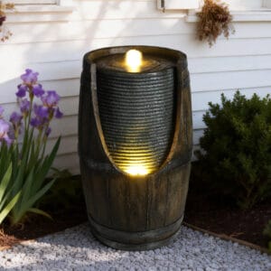 rustic wooden barrel water fountain with LED lights outdoor farmhouse patio garden fountain