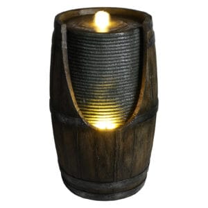 rustic wooden barrel water fountain with LED lights outdoor farmhouse fountain white background
