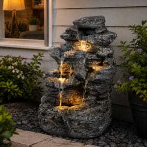 slim concrete outdoor waterfall fountain with 5-tier cascading water flow and LED lights for small patios and garden paths