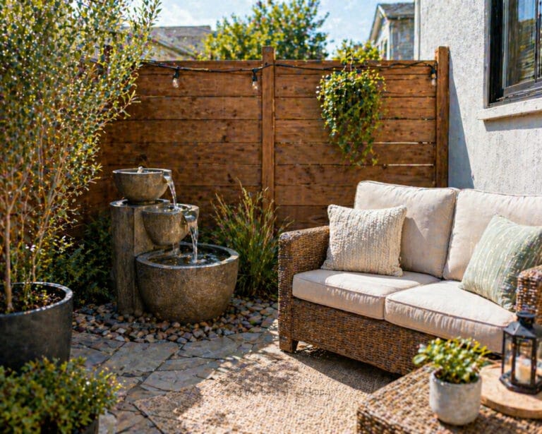 Small backyard patio with a compact water fountain, a wicker loveseat, and a few potted plants in a bright daytime setting