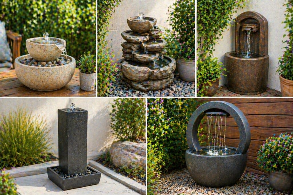 Five types of small backyard fountains: Tabletop Fountain, Freestanding Compact Fountain, Corner Fountain, Slim Column Fountain, LED Fountain in a bright daytime backyard