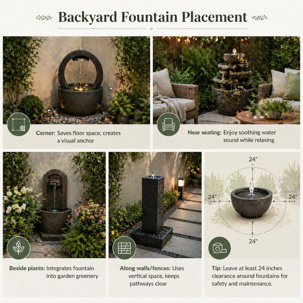 Backyard fountain placement ideas showing corner placement, near seating, beside plants, and along walls or fences with recommended 24-inch clearance