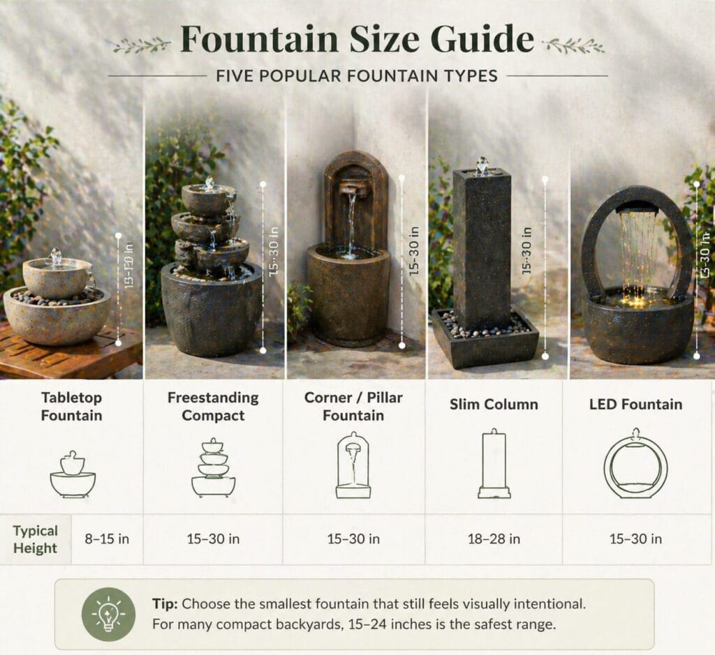 Small backyard fountain size guide showing five types: Tabletop, Freestanding Compact, Corner/Pillar, Slim Column, and LED fountains with typical height ranges in inches