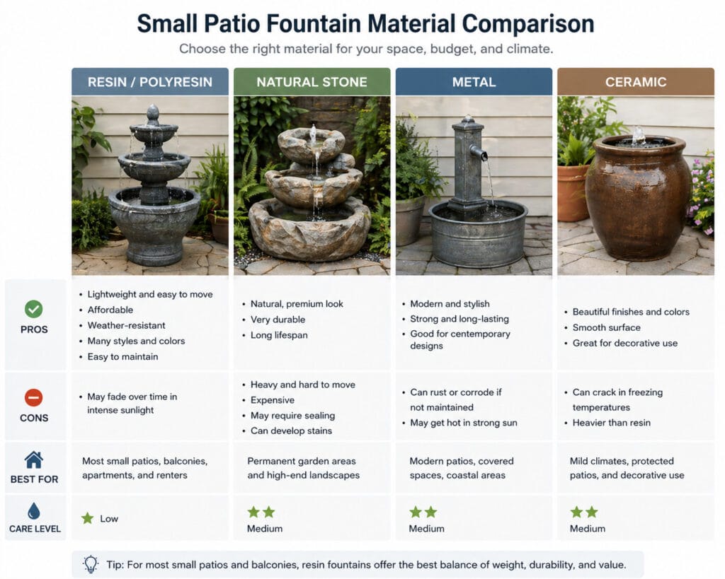 small patio fountain material comparison showing resin, natural stone, metal and ceramic outdoor fountains