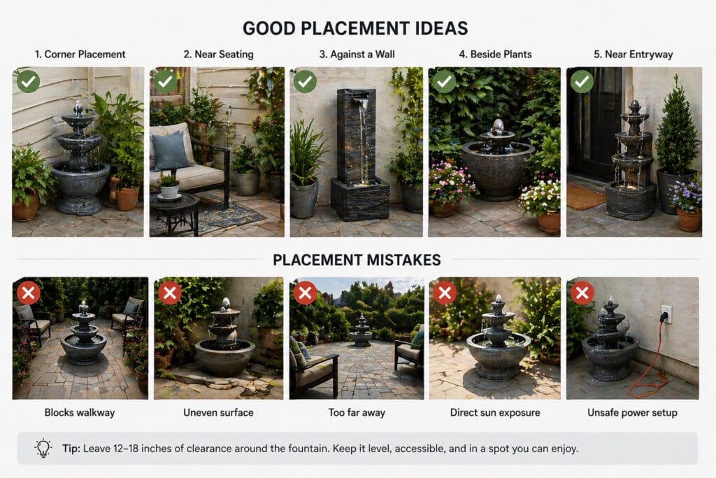 small patio fountain placement ideas showing good and bad locations like corner, near seating, wall and common mistakes