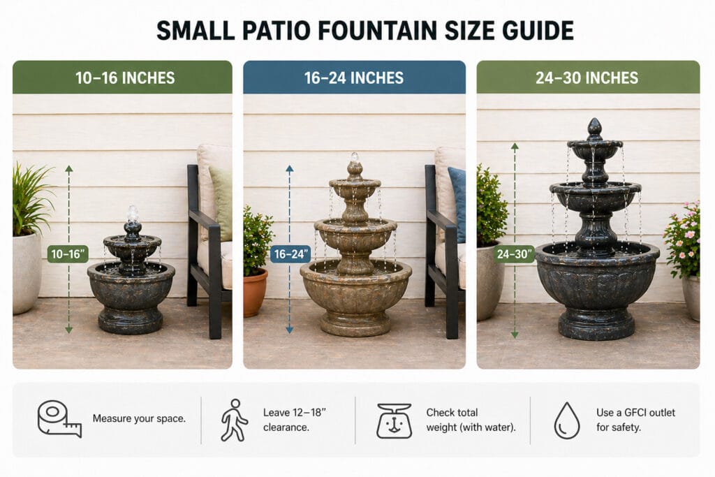 small patio fountain size guide showing 10 to 30 inch outdoor fountains for balconies patios and small spaces