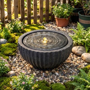 stone sphere water fountain with LED lights indoor outdoor gray ball fountain