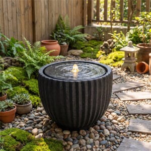 stone sphere water fountain with LED lights indoor outdoor gray ball fountain