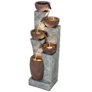 tall rustic jug cascading water fountain with LED lights 5 tier outdoor garden fountain white background