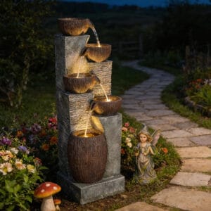 tall rustic jug cascading water fountain with LED lights 5 tier outdoor garden patio fountain