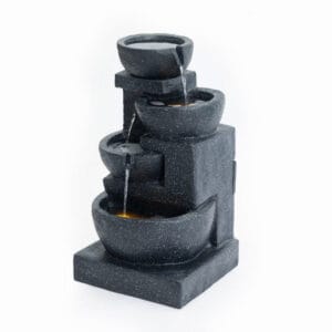 Full view of the 29-inch terrazzo style 4-tier cascading water fountain isolated on a crisp white background.