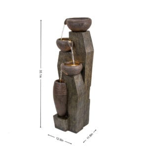 White background product diagram of the 33.1 inch tall 4-tier cascading water fountain with detailed height, width, and length dimensions labeled.