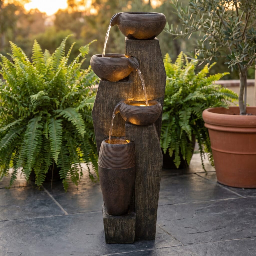 Rustic 33 inch tall 4-tier cascading outdoor water fountain with warm LED lights glowing on a cozy backyard patio at night.