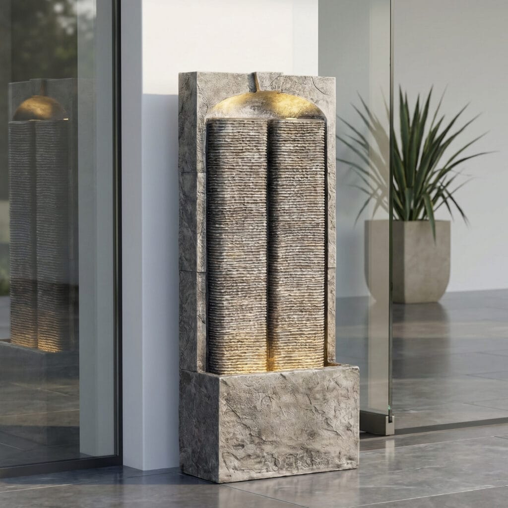 A 39 inch tall modern water wall outdoor fountain with a gray ribbed stone panel and warm LED lights illuminating cascading water against a patio wall.