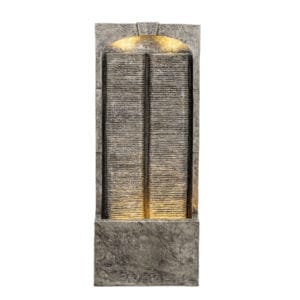 Isolated product shot of the 39 inch tall modern water wall outdoor fountain with gray ribbed stone-look resin finish on a clean white background.