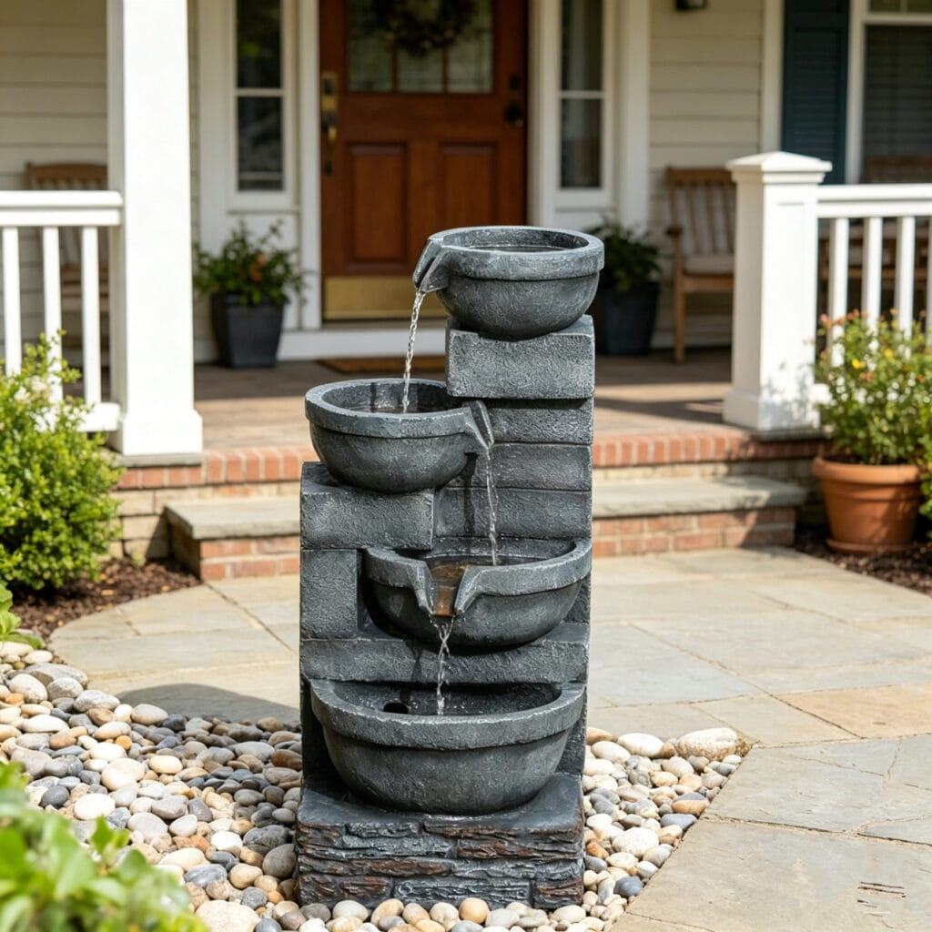 4 tier outdoor waterfall fountain with LED lights resin cascading bowl garden fountain