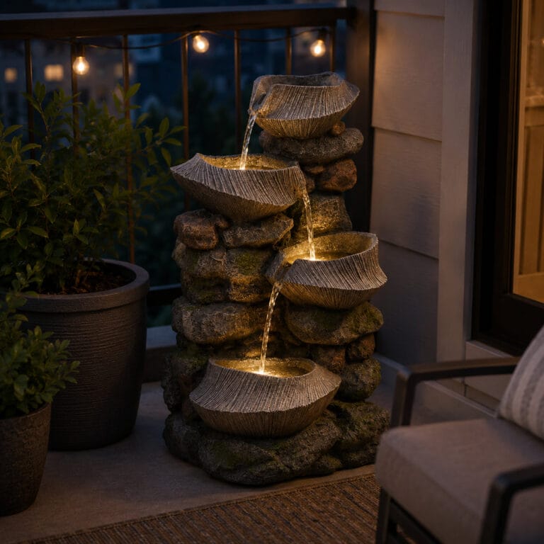 4 tier rock bowl water fountain with LED lights on small outdoor balcony at night