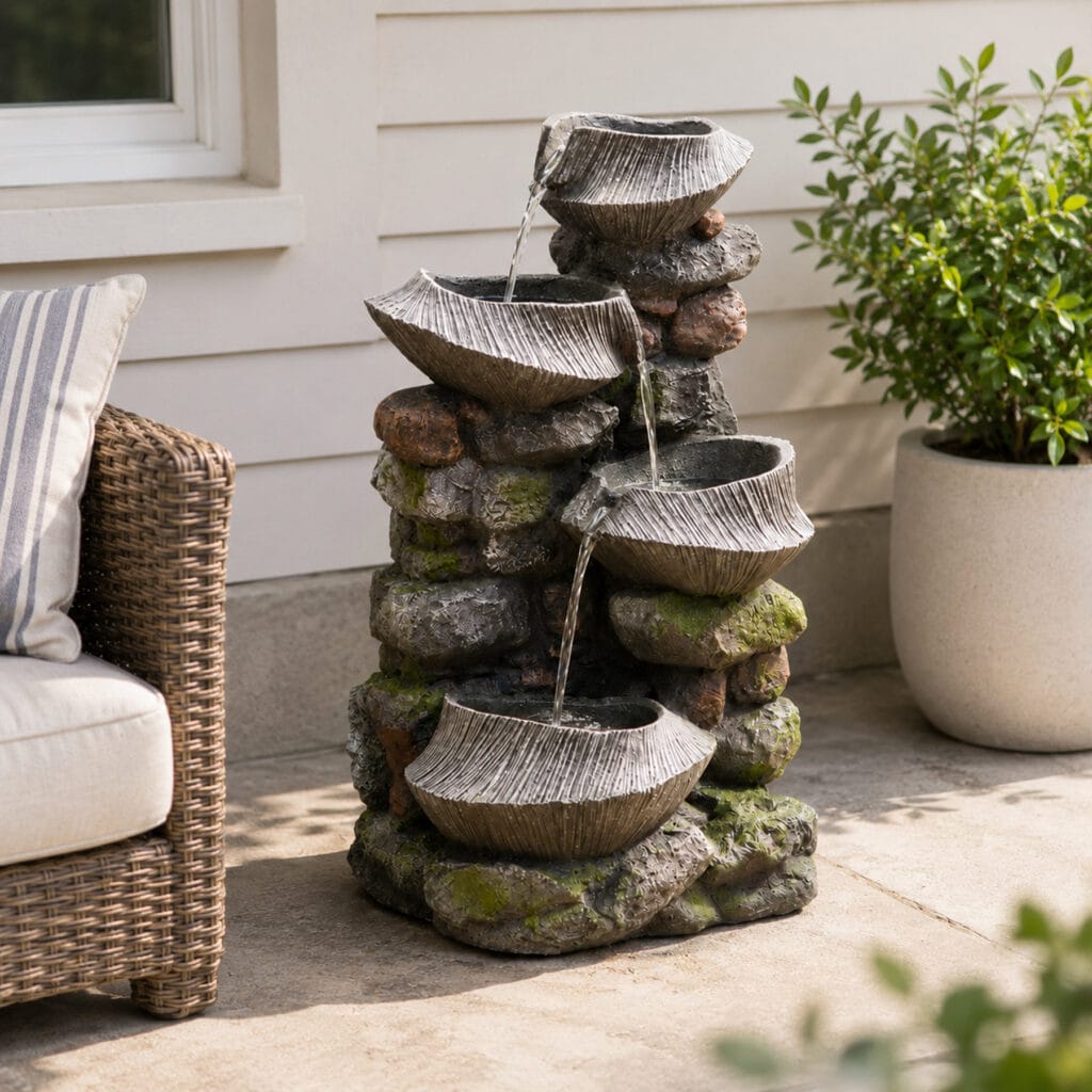 4 tier rock bowl water fountain with LED lights indoor outdoor polyresin cascading fountain
