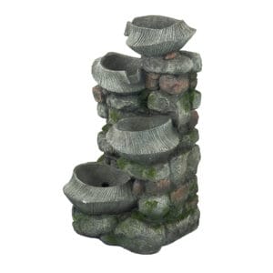4 tier rock bowl water fountain with LED lights on white background