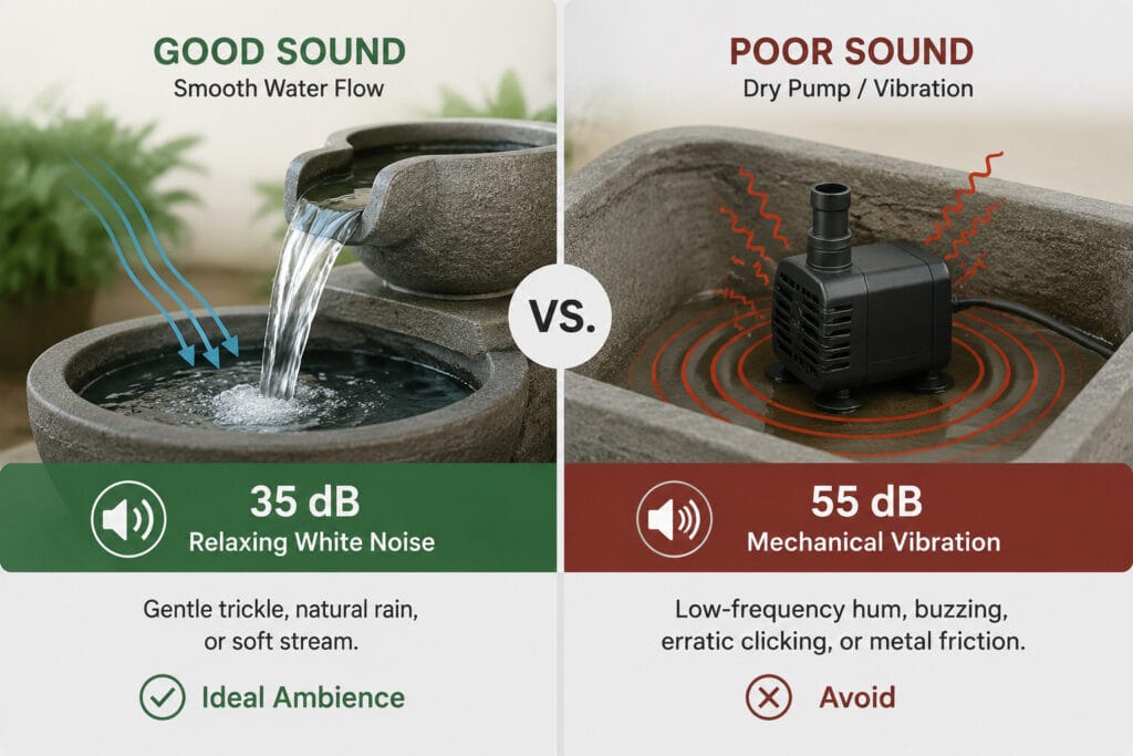 Acoustic diagram comparing a quiet water fountain flow at 35 dB with a dry vibrating water pump at 55 dB causing mechanical noise.