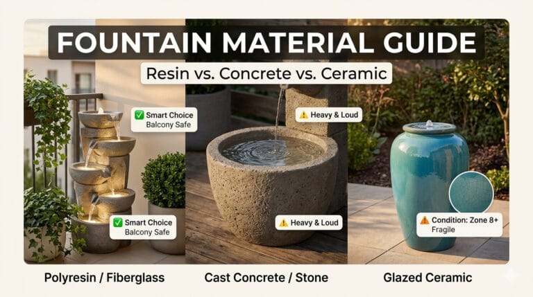 A high-end landscape infographic cover comparing three outdoor fountain materials side-by-side: lightweight resilient polyresin (labeled Smart Choice), heavy cast concrete stone (labeled Heavy & Loud), and fragile glazed ceramic for small spaces.